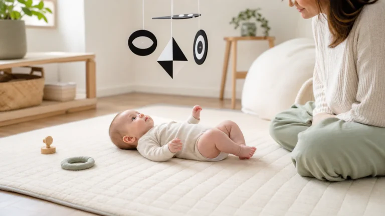 A three-month-old baby peacefully observes a simple high-contrast mobile while lying on a play mat in a bright Montessori-ins
