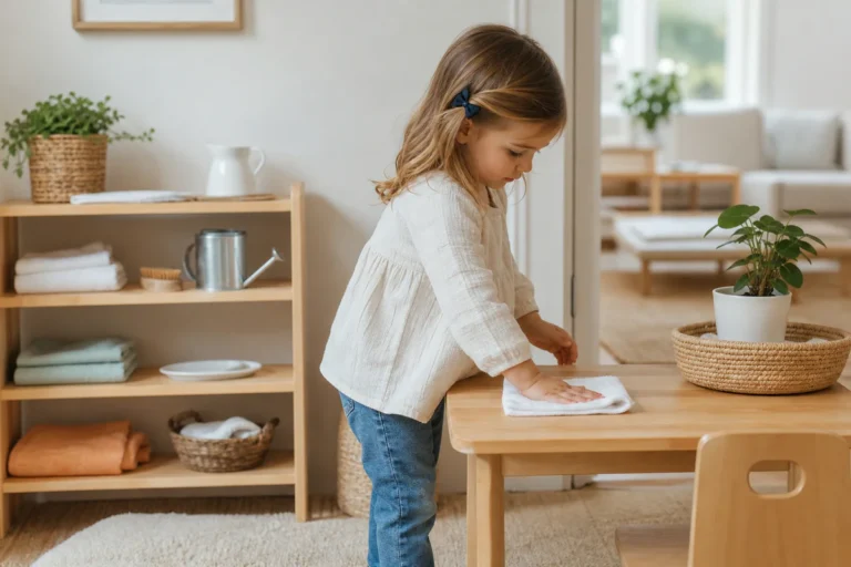 A child wipes a small wooden table in a bright, organized home prepared for Montessori-inspired practical life activities.