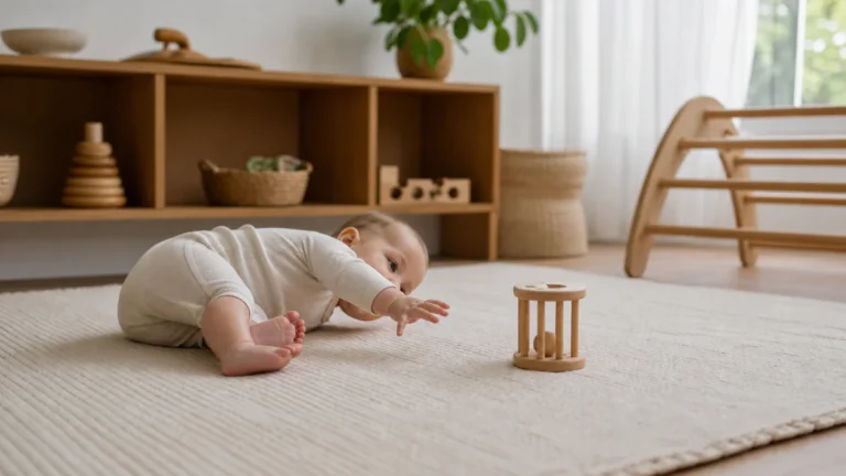 Bébé explore librement ses mouvements sur un tapis dans un espace domestique Montessori préparé et sécurisé.