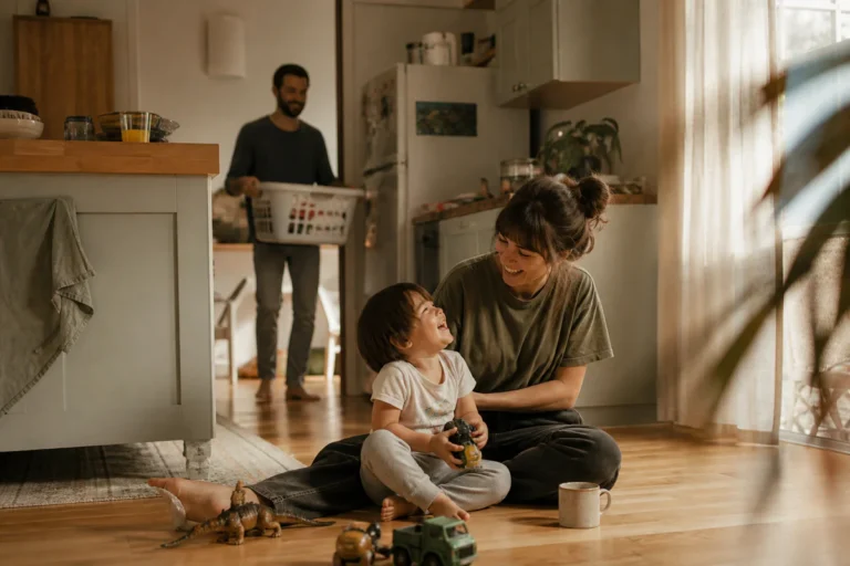 Candid family moment in a warm, lived-in kitchen with a parent laughing naturally with a young child on the floor, soft morni
