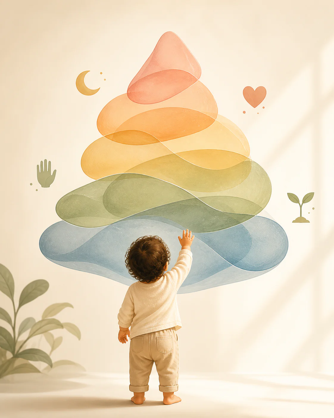 Illustration douce et moderne d'une pyramide aux couches organiques pastel flottant au-dessus d'un jeune enfant vu de dos, sy