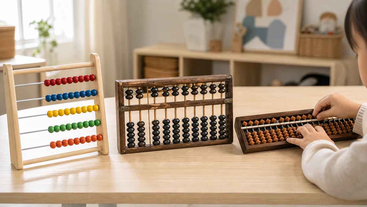 Three different children's abacuses—a school abacus, a Chinese suanpan, and a Japanese soroban—arranged for comparison while