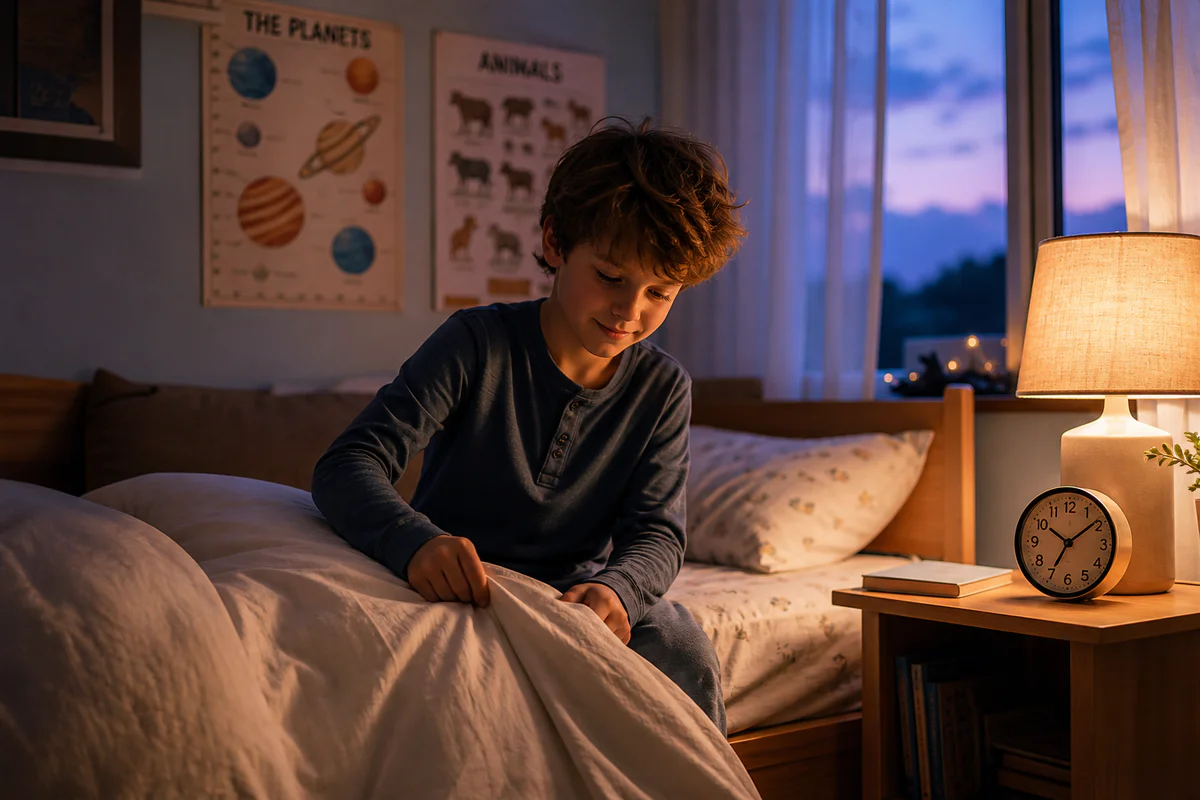 A peaceful evening scene of a 9-year-old child preparing for bed in a cozy bedroom at twilight, with warm lamp light and an a