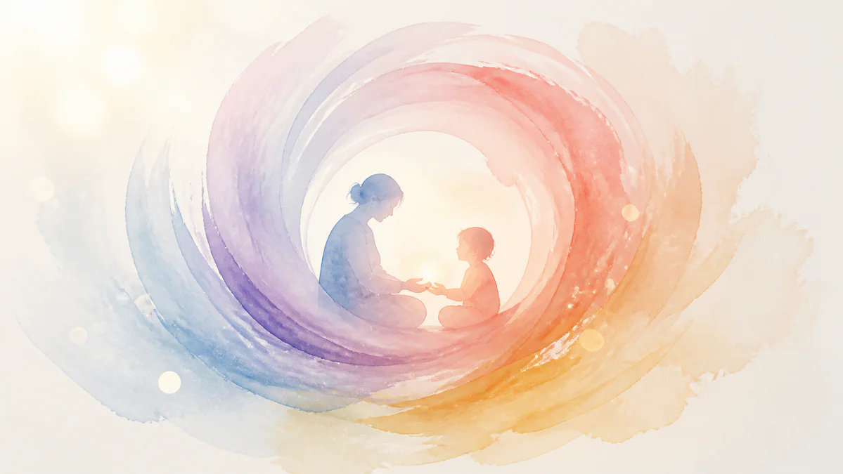 Spirale aquarelle abstraite aux dégradés doux allant du bleu apaisant aux teintes chaudes, avec deux silhouettes suggérant un