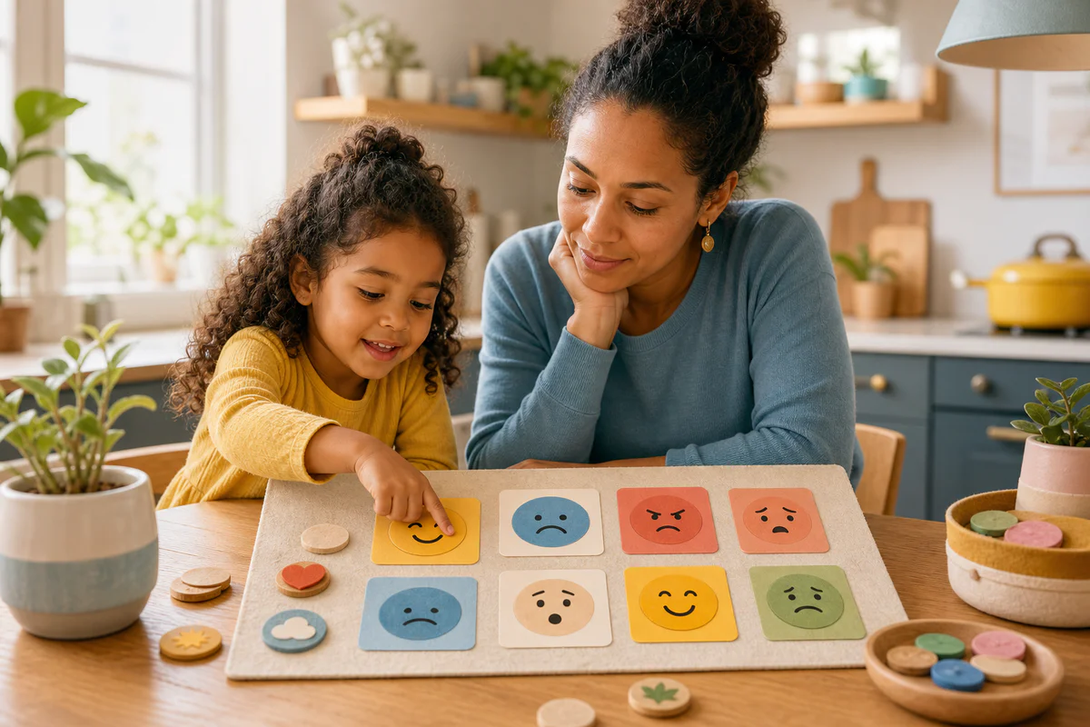 Un parent et un enfant choisissent ensemble des cartes d'émotions sur un tableau d'humeur fait maison, dans une ambiance chal