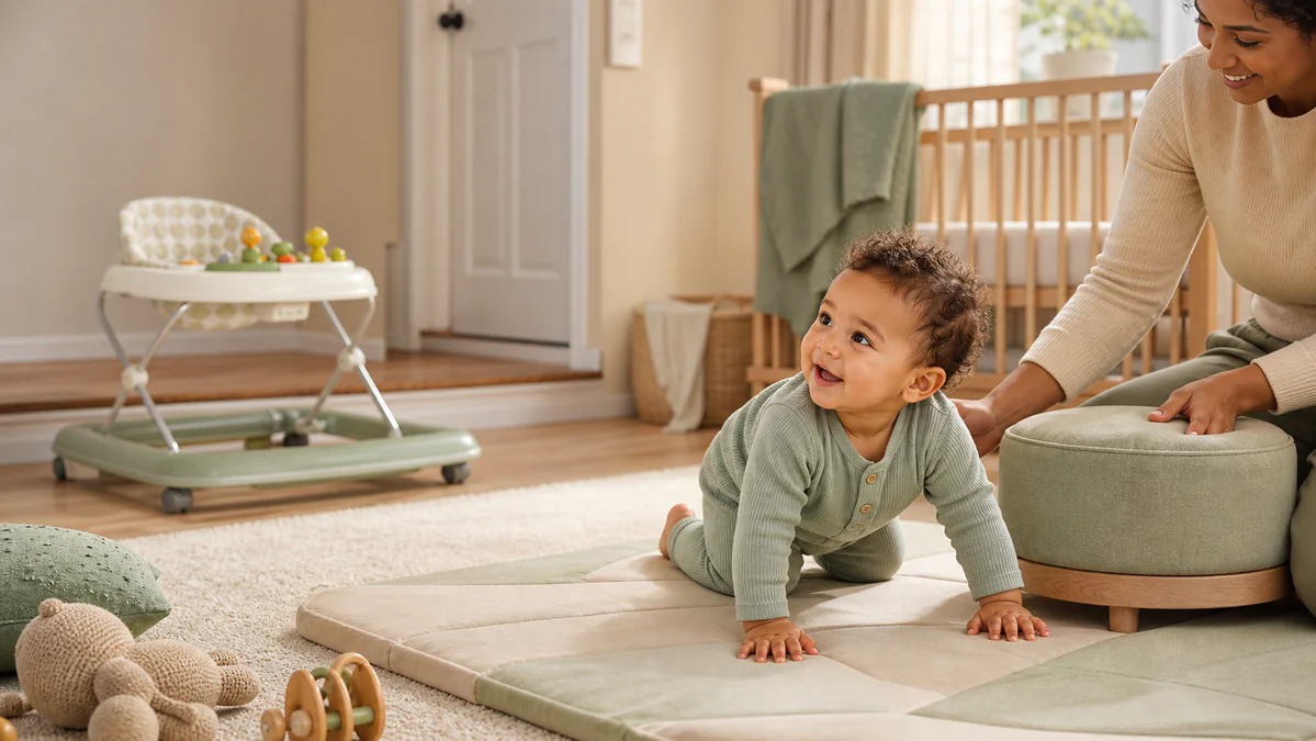 Bébé explore librement le sol dans une chambre lumineuse tandis qu’un trotteur inutilisé est placé en arrière-plan, illustran