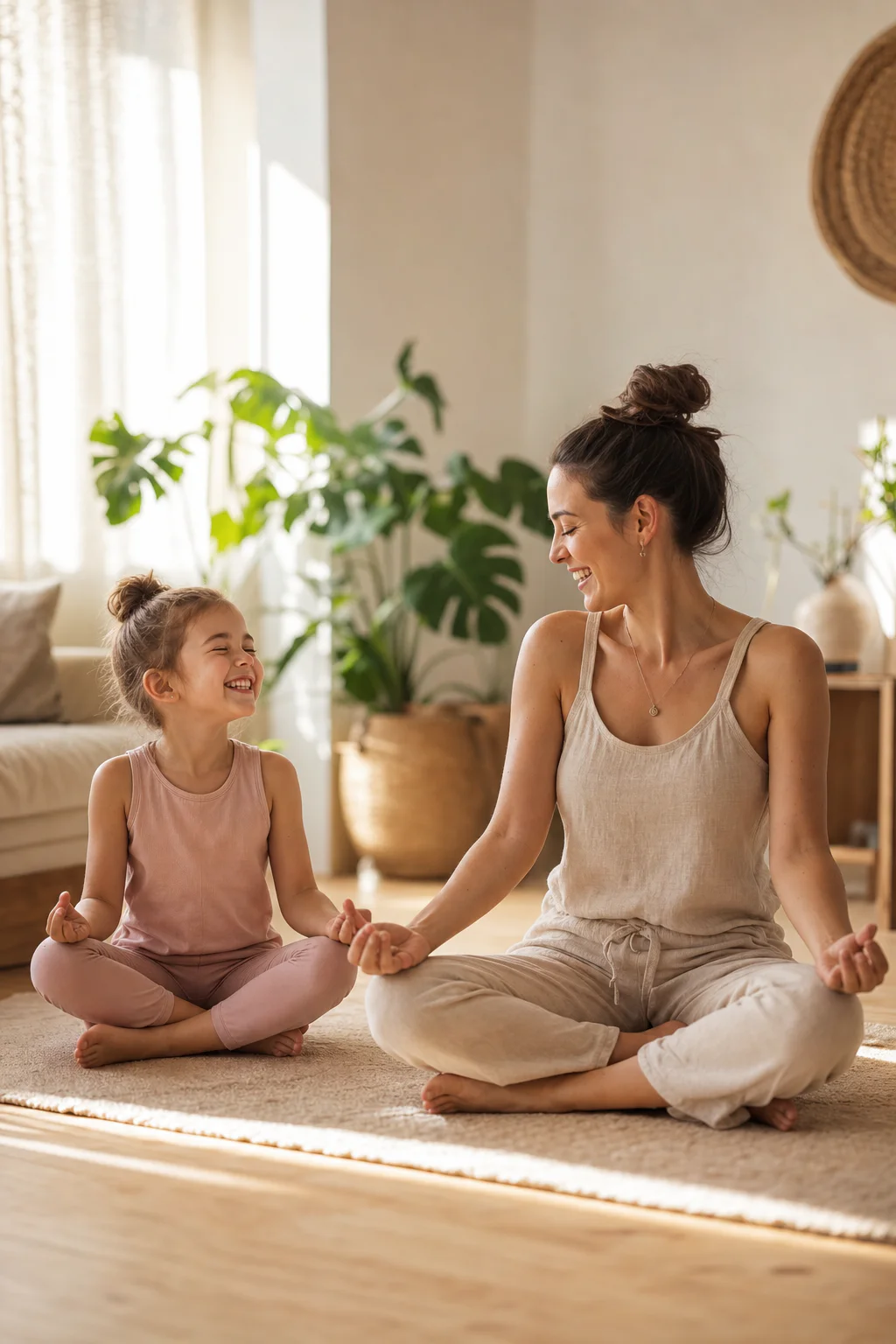 Une mère et sa jeune fille pratiquent le yoga ensemble sur des tapis dans un salon lumineux et chaleureux, partageant un mome