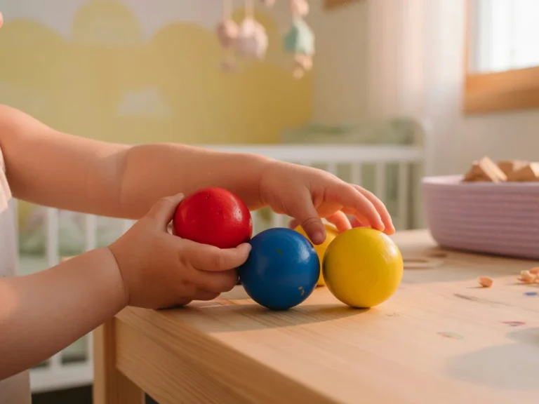A young child's hands sorting colorful wooden balls in red, yellow and blue on a natural wood surface, illustrating early col
