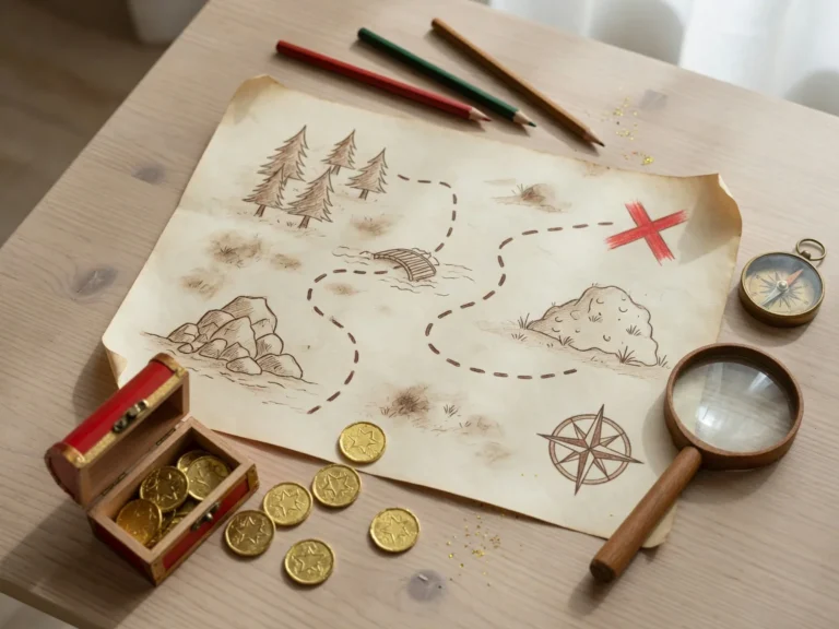 Vue du dessus d'une carte au trésor imprimée sur papier A4 posée sur une table en bois, avec des crayons de couleur, une peti