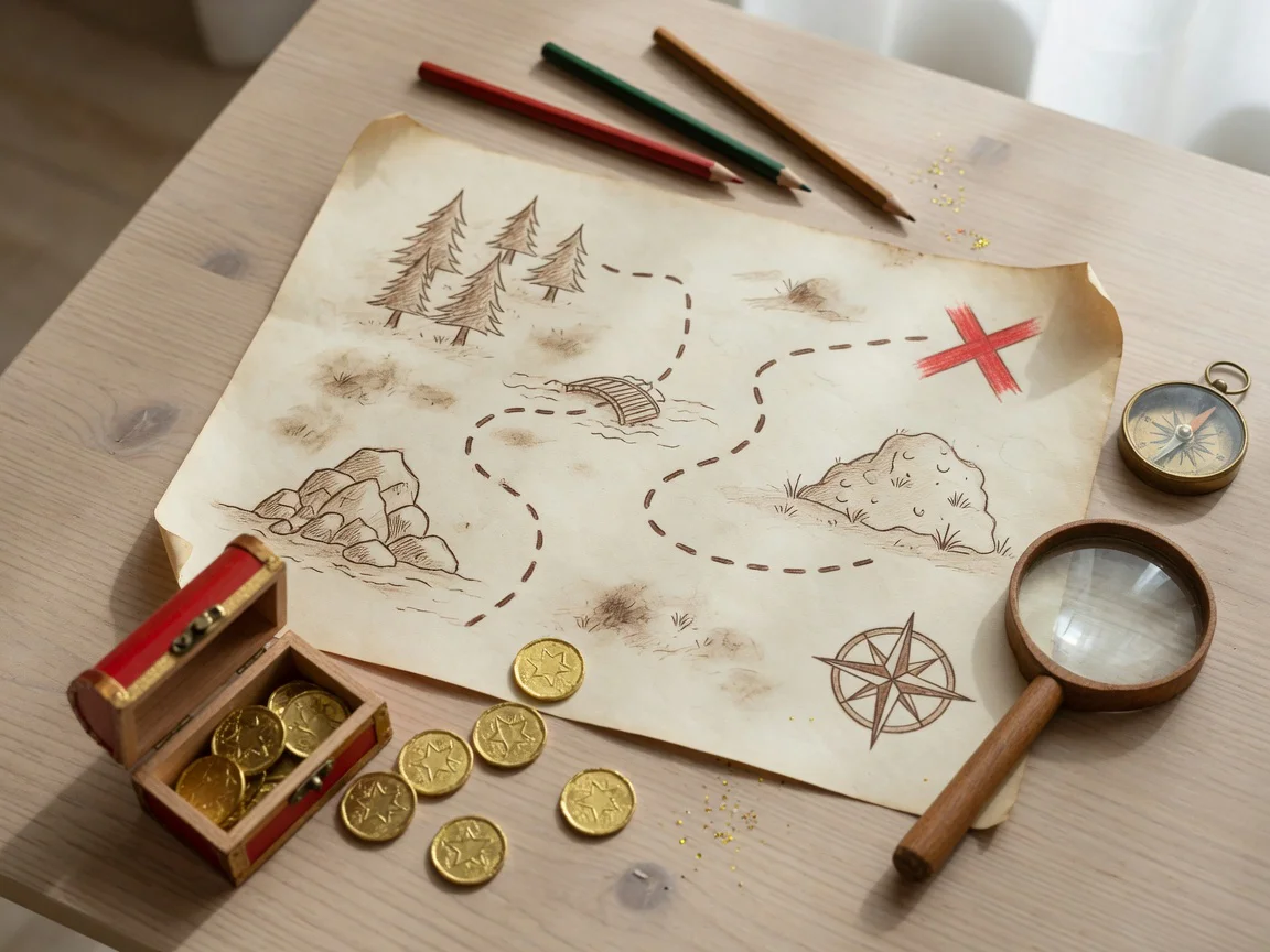 Vue du dessus d'une carte au trésor imprimée sur papier A4 posée sur une table en bois, avec des crayons de couleur, une peti