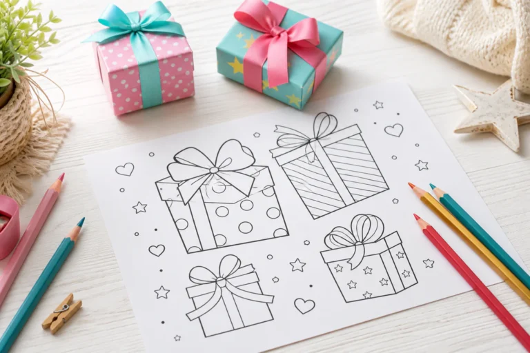Vue à plat d'une feuille de coloriage de paquets cadeaux à imprimer avec des crayons de couleur et des boîtes cadeaux décorée