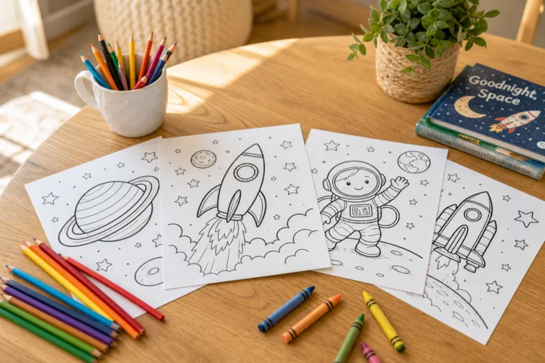 Vue du dessus d'une table en bois avec des coloriages à imprimer de planètes, fusée et astronaute en noir et blanc, entourés