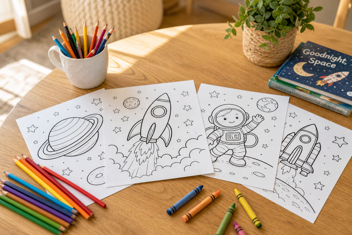 Vue du dessus d'une table en bois avec des coloriages à imprimer de planètes, fusée et astronaute en noir et blanc, entourés