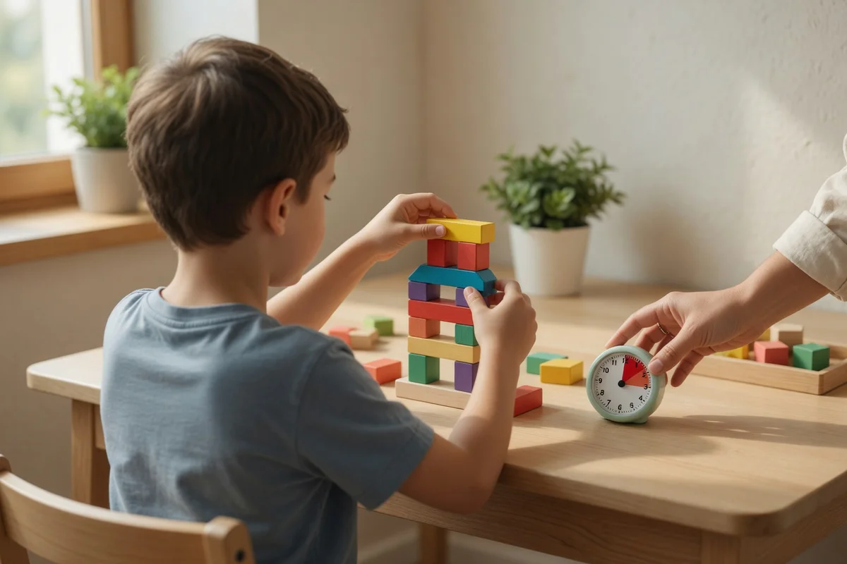 Un garçon de 7 ans concentré sur une construction de blocs en bois à un bureau rangé, avec un petit minuteur visuel posé à cô