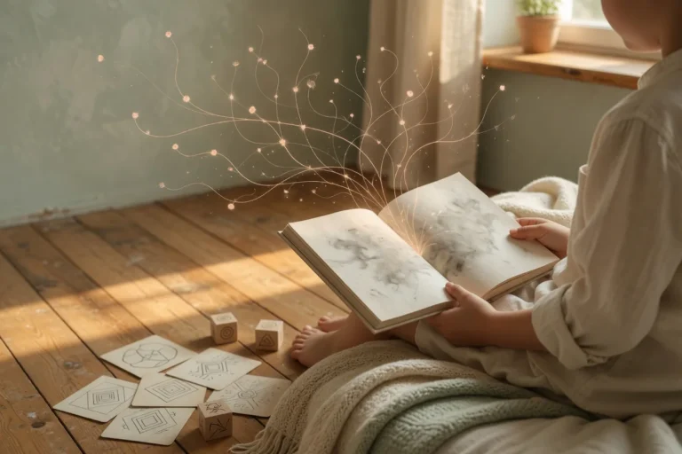 Un enfant concentré tenant un livre de poésie ouvert dans un coin lecture chaleureux baigné de lumière douce, évoquant l'appr