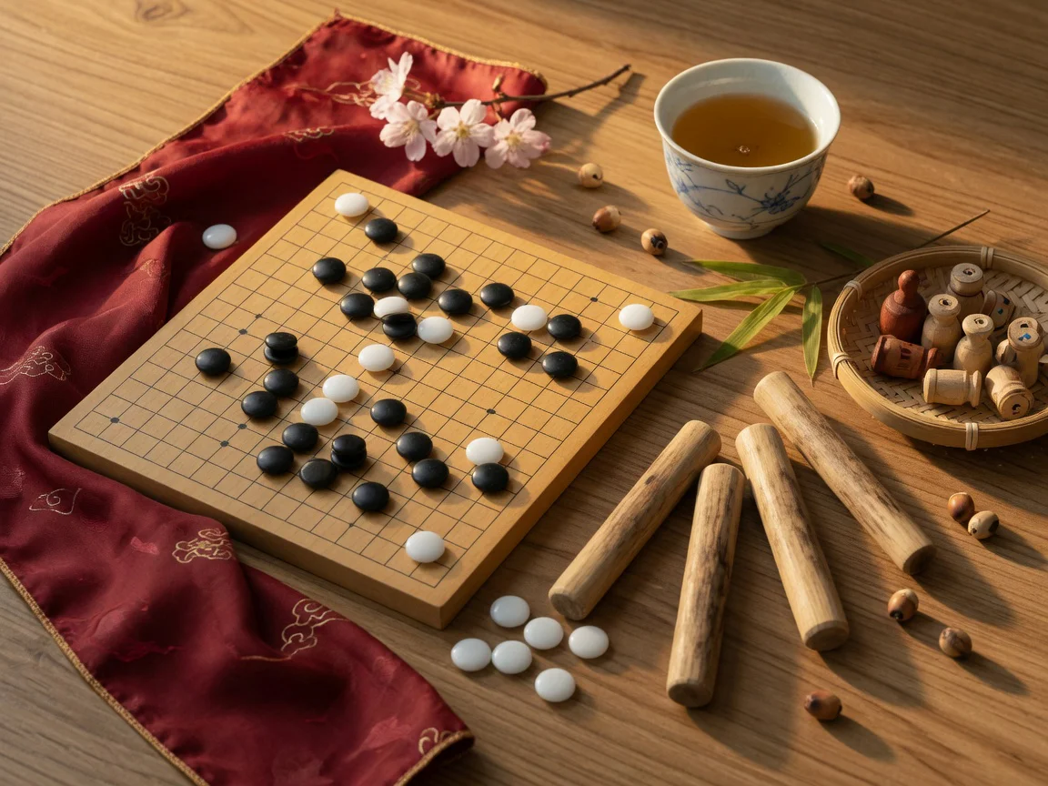 Vue à plat d'une table en bois chaleureux présentant des éléments de jeux asiatiques traditionnels : un plateau de go avec de