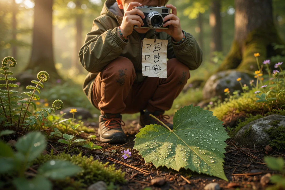 Young child crouched in a sunlit forest clearing, photographing a heart-shaped leaf on the mossy ground with a small digital