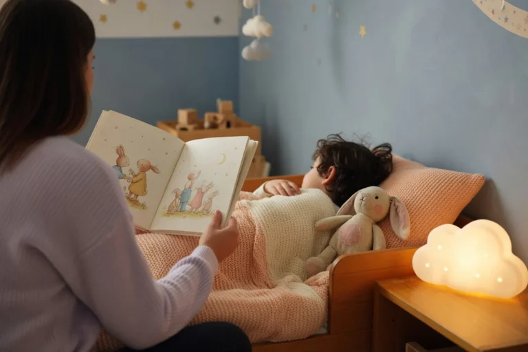 Un parent lit une histoire du soir à un enfant de 3 ans dans une chambre apaisante éclairée par une veilleuse douce, illustra