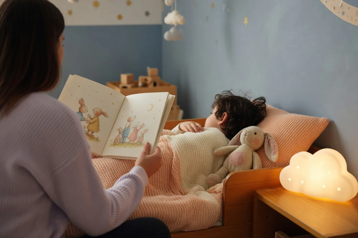 Un parent lit une histoire du soir à un enfant de 3 ans dans une chambre apaisante éclairée par une veilleuse douce, illustra