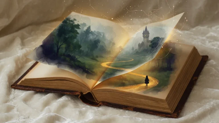 Un vieux livre ouvert dont les pages s'élèvent pour révéler un paysage féerique en couches : forêt brumeuse, château lointain