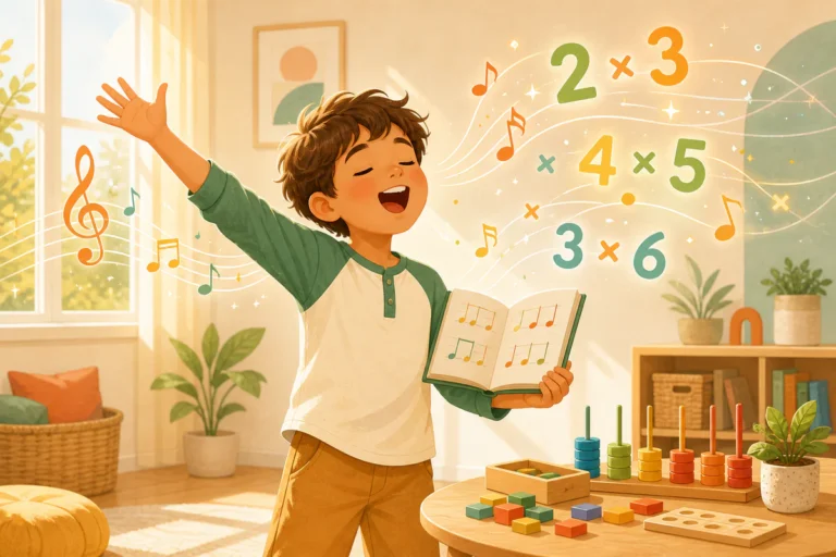Illustration moderne d'un enfant joyeux chantant au milieu de notes de musique qui se transforment en symboles de multiplicat