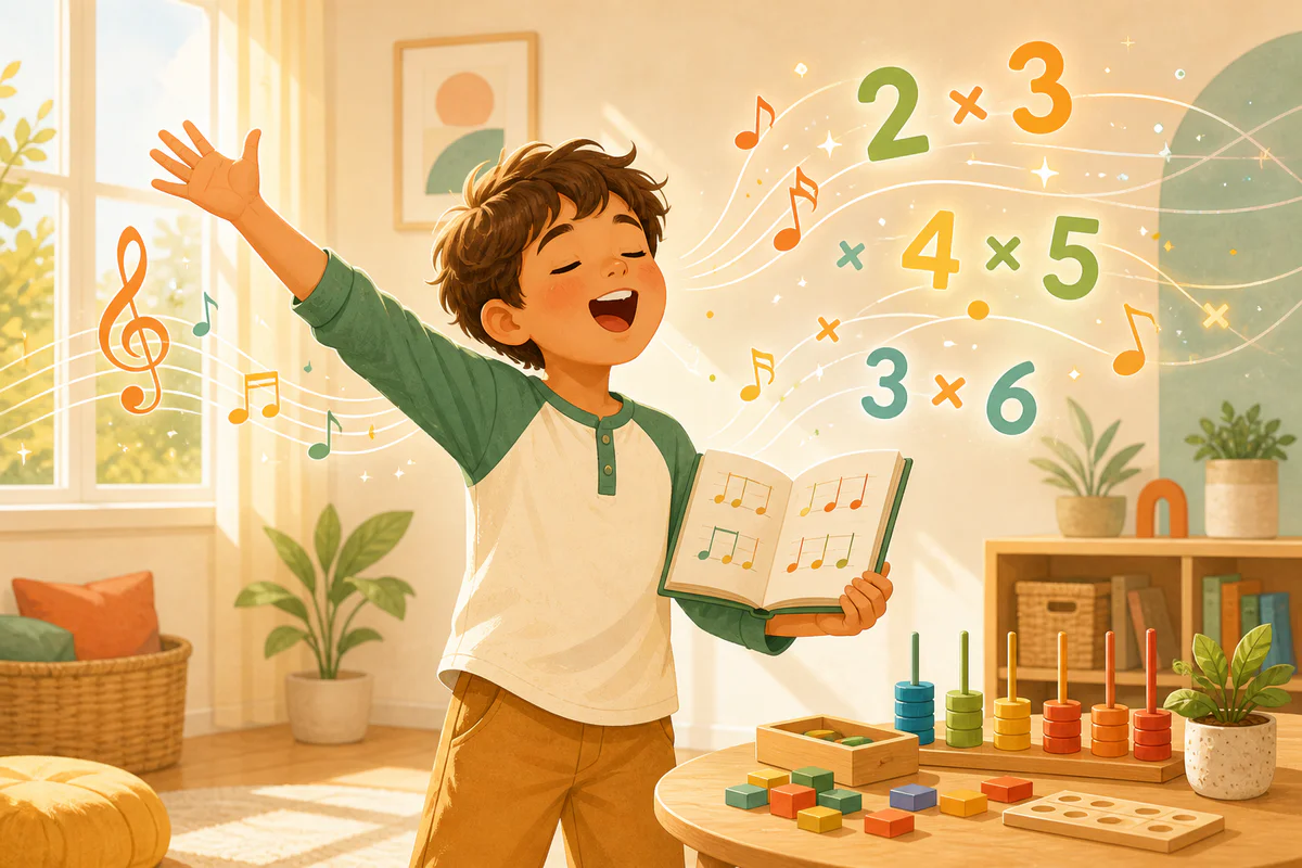 Illustration moderne d'un enfant joyeux chantant au milieu de notes de musique qui se transforment en symboles de multiplicat
