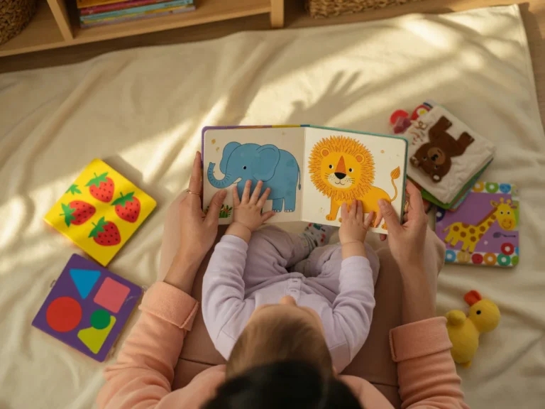 Parent and toddler sharing a tender moment reading soft fabric and board books together in warm natural light, illustrating t