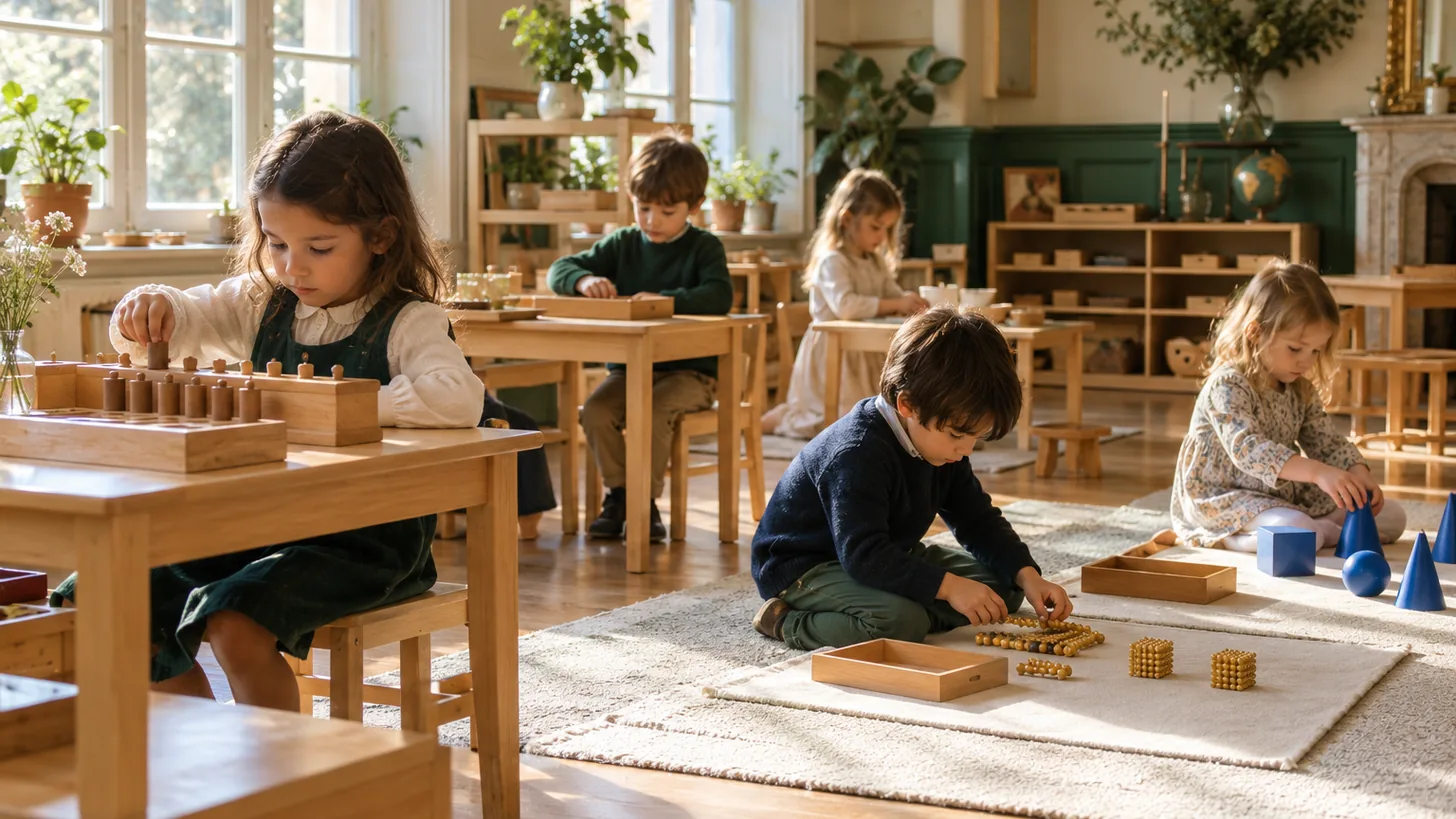 Enfants utilisant du matériel Montessori dans une classe lumineuse