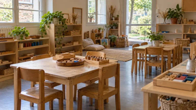 Salle de classe Montessori lumineuse avec petites tables en bois, matériel pédagogique, plantes et grandes fenêtres